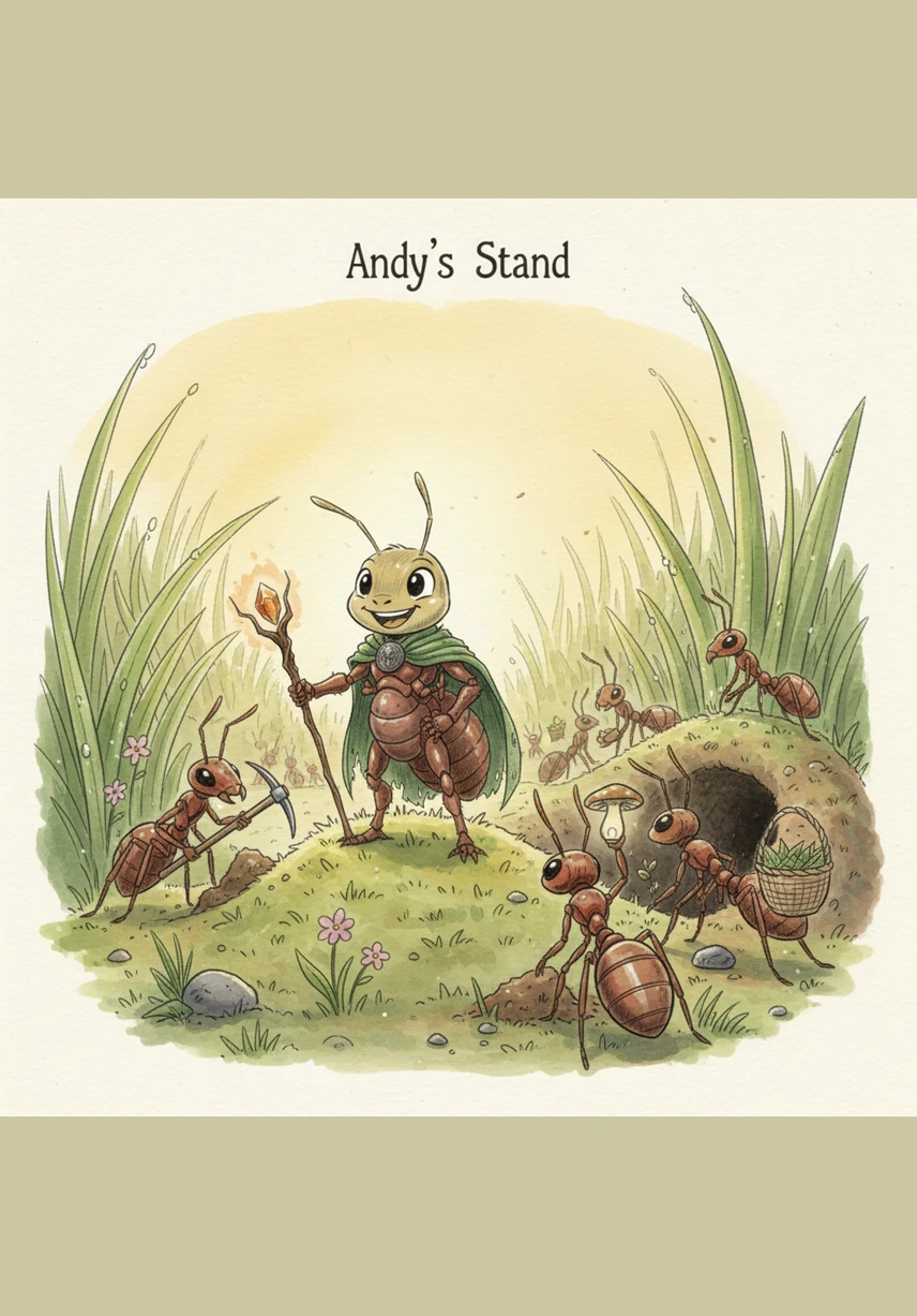 Under the golden morning sun, the wise leader of the colony stands tall on a smooth pebble and announces it is time to gather food. A great line of ants begins to form, ready to march into the tall grass to prepare for the coming rainy season.