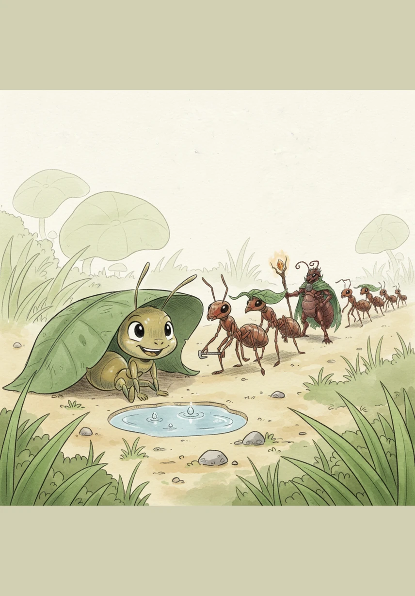 While the others march off to work, Andy stays behind, hiding under the shade of a broad green leaf. He tells himself he is far too small to make a difference and decides to spend his day playing in the cool dew instead of helping.