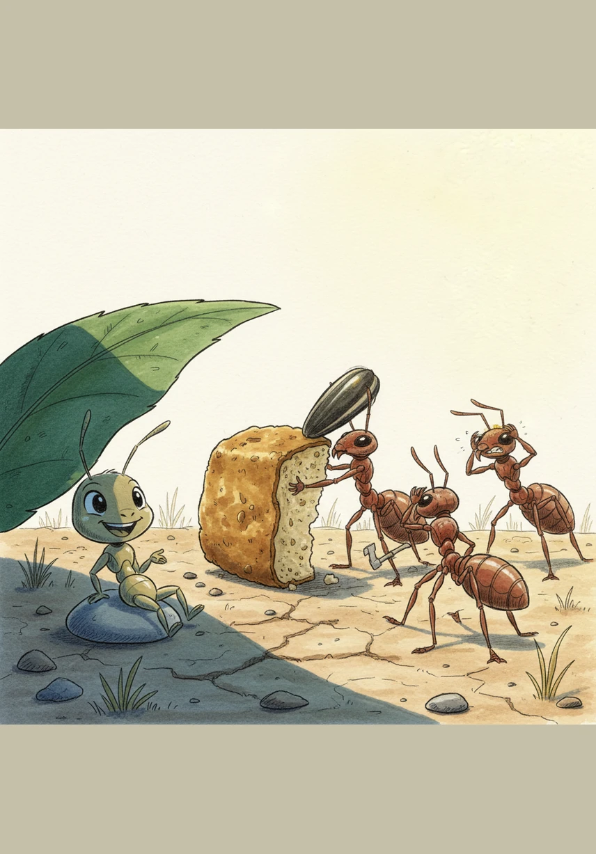 From his shady spot, Andy watches his friends struggle with heavy crumbs and giant seeds under the scorching heat of the sun. They wipe their brows and keep going with determination, but Andy just relaxes, thinking he has found a much easier way to spend his time.