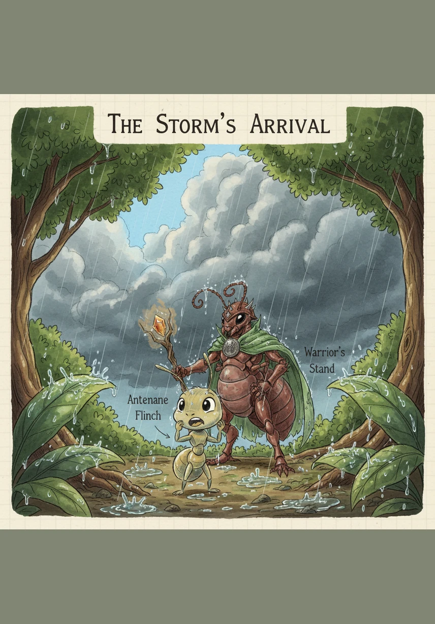 Suddenly, the bright sky turns a deep, moody gray and heavy raindrops begin to splash loudly against the earth. The worker ants scramble quickly, carrying the last of their precious haul back into the safety of the deep, dry tunnels of the hill.