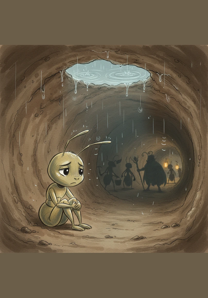 The sound of rain tapping on the ground above makes Andy feel very lonely and regretful for his lazy afternoon. He realizes that by not helping his family, he has let himself down, and he makes a quiet promise to change his ways tomorrow.