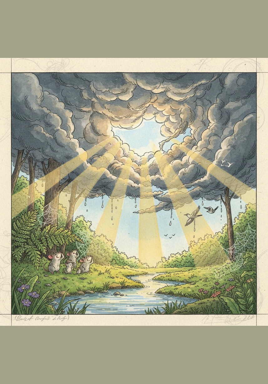 When the clouds finally part and the bright sun warms the earth again, Andy is the very first ant out of bed. He stands at the entrance of the hill with a determined look on his face, eager and ready to show everyone that he is a valuable member of the team.