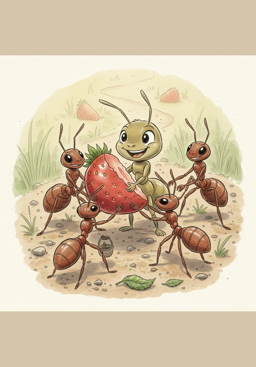 Andy works side-by-side with his friends, lifting a piece of fruit that is twice his size with a big, proud smile. He discovers that working together makes the heavy load feel light and fills his heart with a wonderful sense of belonging.