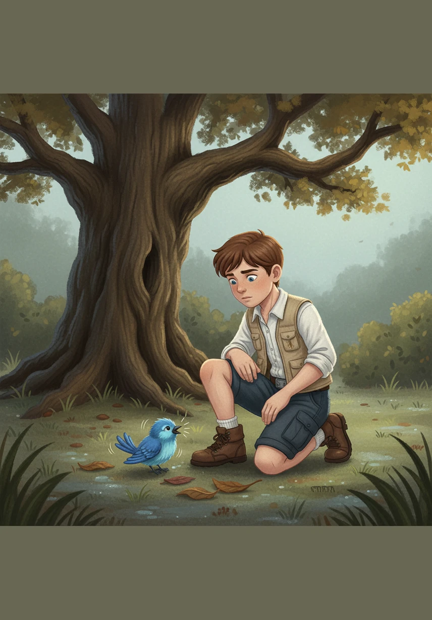 One afternoon, while wandering near the old oak tree in the garden, Leo spotted a tiny bluebird shivering on the cold ground. Its wing was bent at an awkward angle, and it chirped a soft, trembling song of distress that stopped Leo in his tracks.