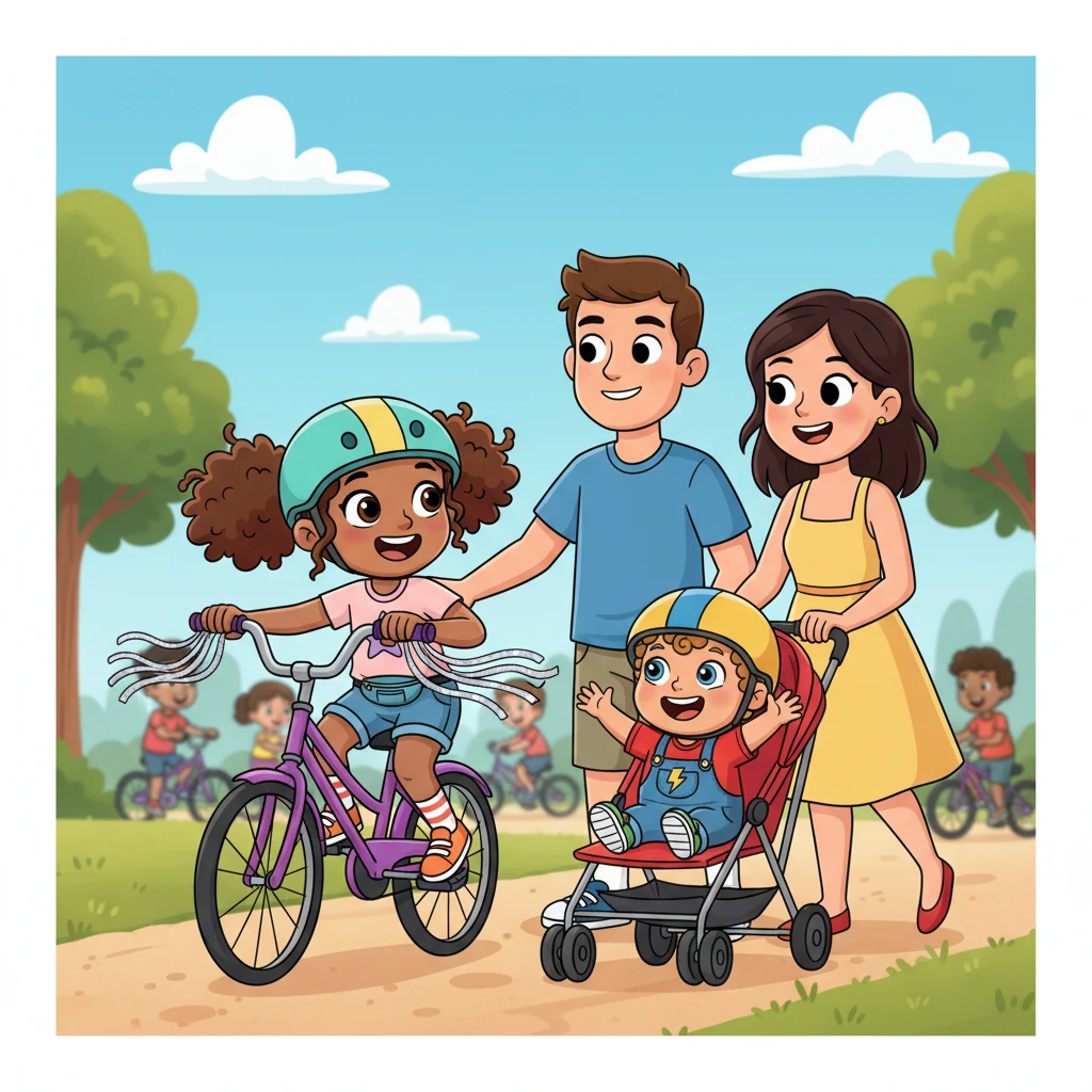 The sun shone brightly as Lyla, a spunky six-year-old with pigtails flying, arrived at the bustling bike park. Her parents, Mom and Dad, pushed her little brother Louie, who was a one-year-old bundle of giggles, in a bright red stroller. Lyla's shiny purple bike, adorned with sparkling streamers, stood ready for adventure.
