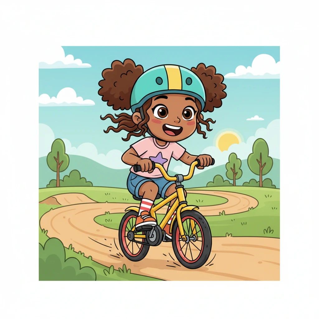 Lyla zoomed ahead, her feet pedaling fast as she navigated the gentle bumps and turns of the beginner track. She loved the feeling of the wind in her hair and the thrill of speed. Her wide smile showed how much fun she was having.