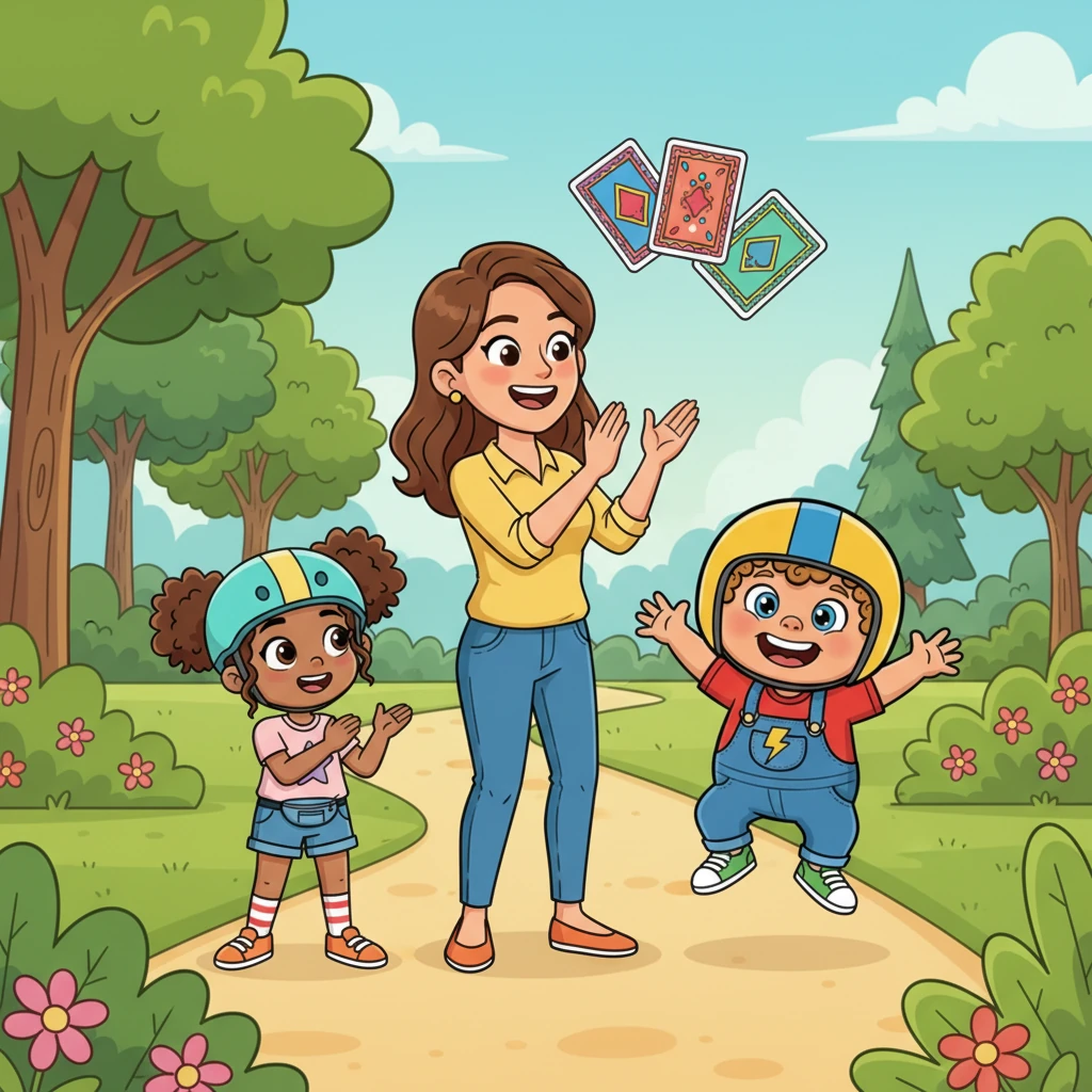 Mom clapped her hands, gathering everyone. "How about a 'Poker Race'?" she announced with a wink. "We'll ride around the park and collect mystery cards at special spots. The best hand wins a super-secret prize!"
