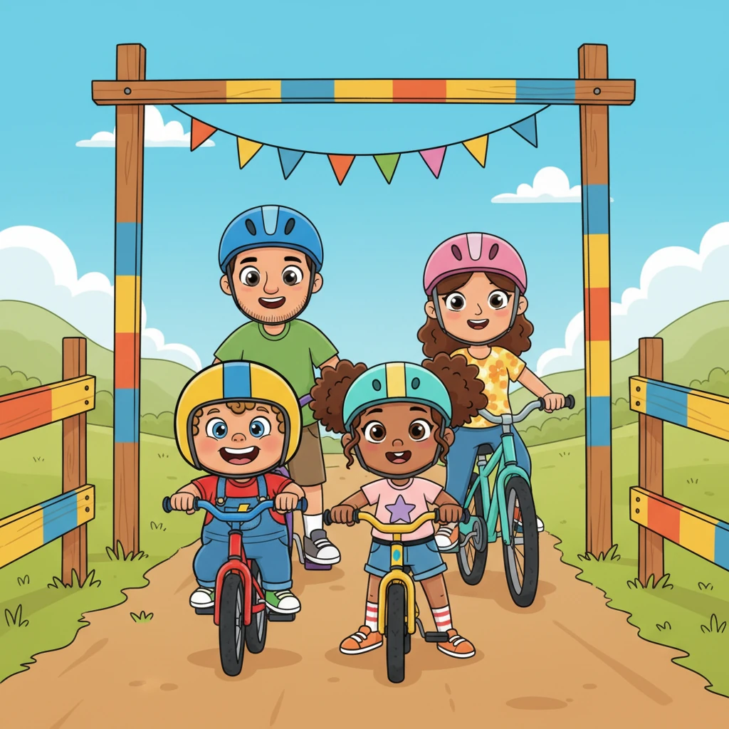 Lyla's eyes lit up with excitement, and even Louie bounced on his strider bike, sensing the fun. The family lined up at the starting gate, ready for the adventure to begin. They all wore their helmets, looking like a team of colorful, determined riders.