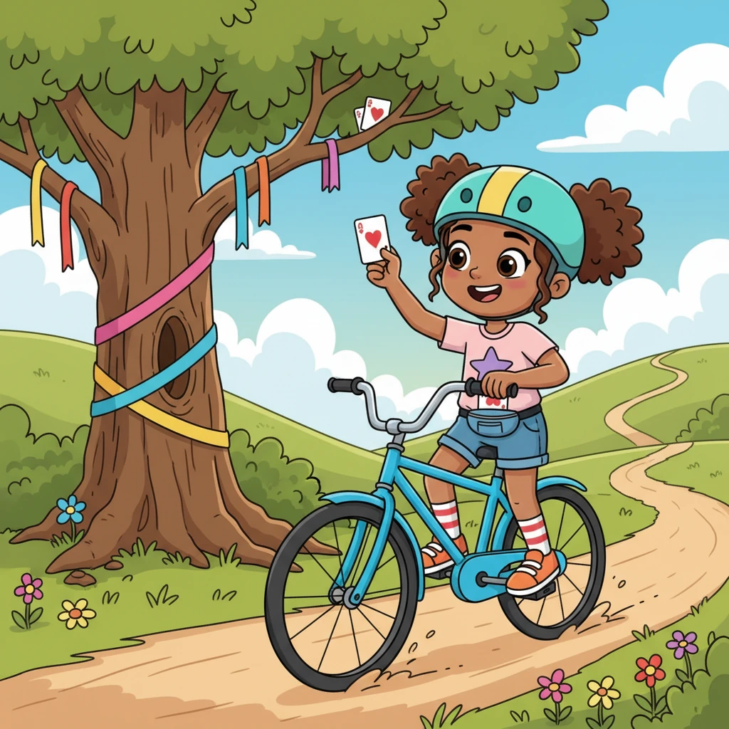 Lyla pedaled furiously to the first designated spot, a big oak tree with a colorful ribbon. She found a playing card tucked into a branch, a big grin spreading across her face as she carefully added it to her pocket. This race was so much fun!