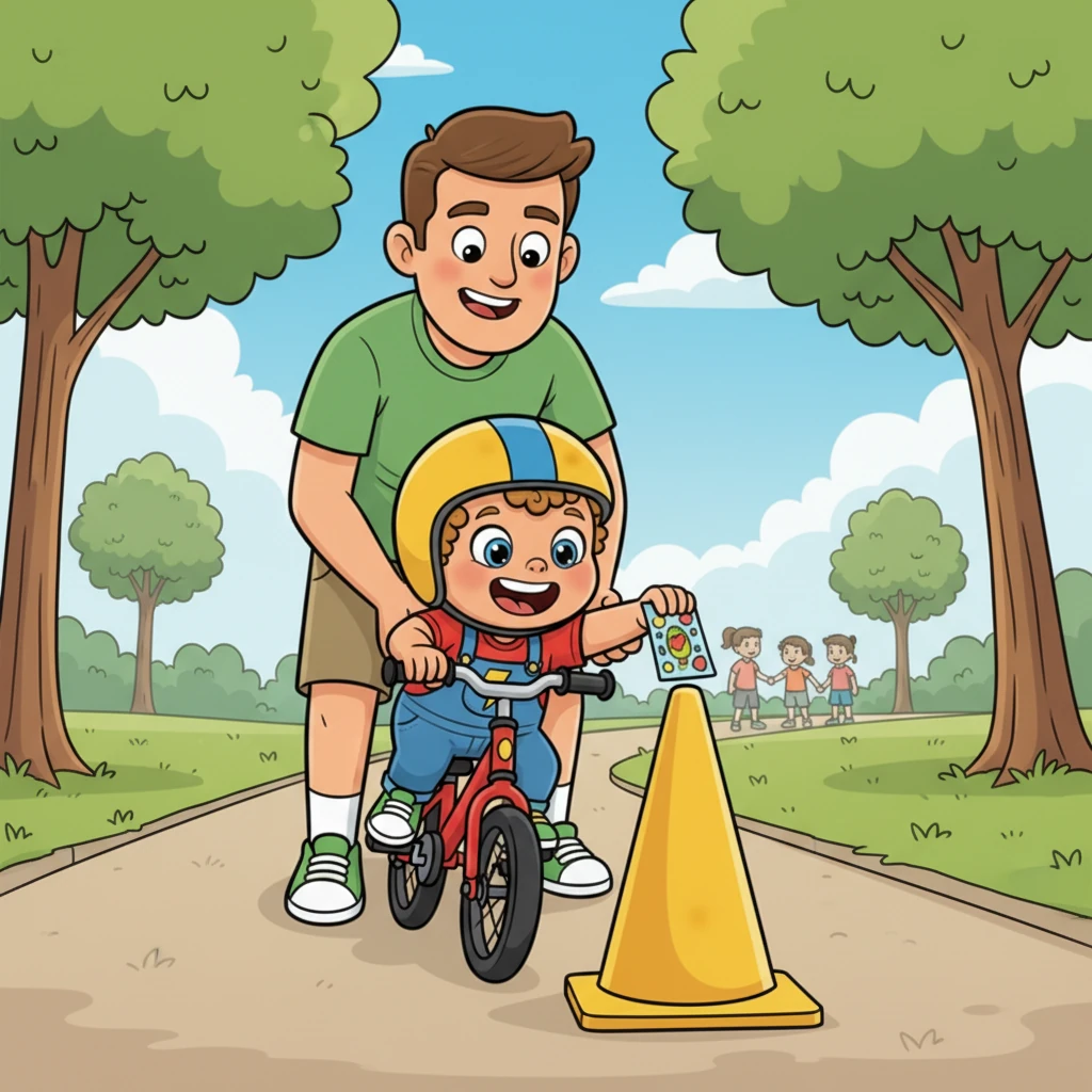 Further along the path, Dad helped Louie steer his strider bike towards a cheerful yellow cone. Louie reached out with both hands, excitedly grabbing a card that was taped to the top. He held it up proudly for Dad to see.