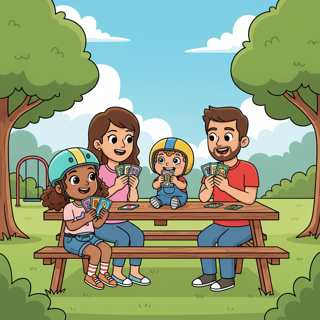After collecting all their cards from various fun spots around the park, the family gathered at a picnic table, eagerly fanning out their hands. Lyla had a mix of numbers, while Mom and Dad had some interesting combinations. Louie just wanted to chew on his card.