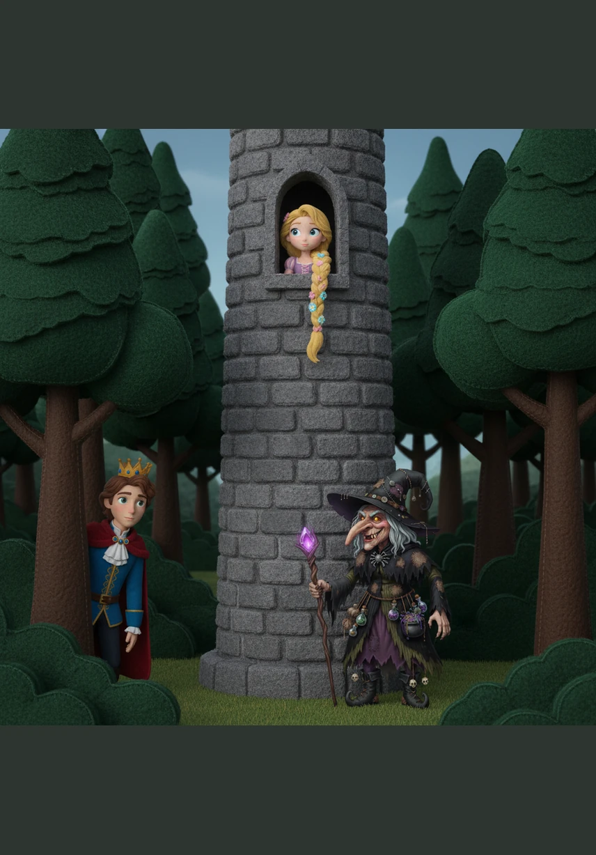 Колдунья заточила подросшую Рапунцель в высокую каменную башню посреди густого леса. В этой башне совсем не было дверей, а единственным входом служило маленькое окно на самой вершине.