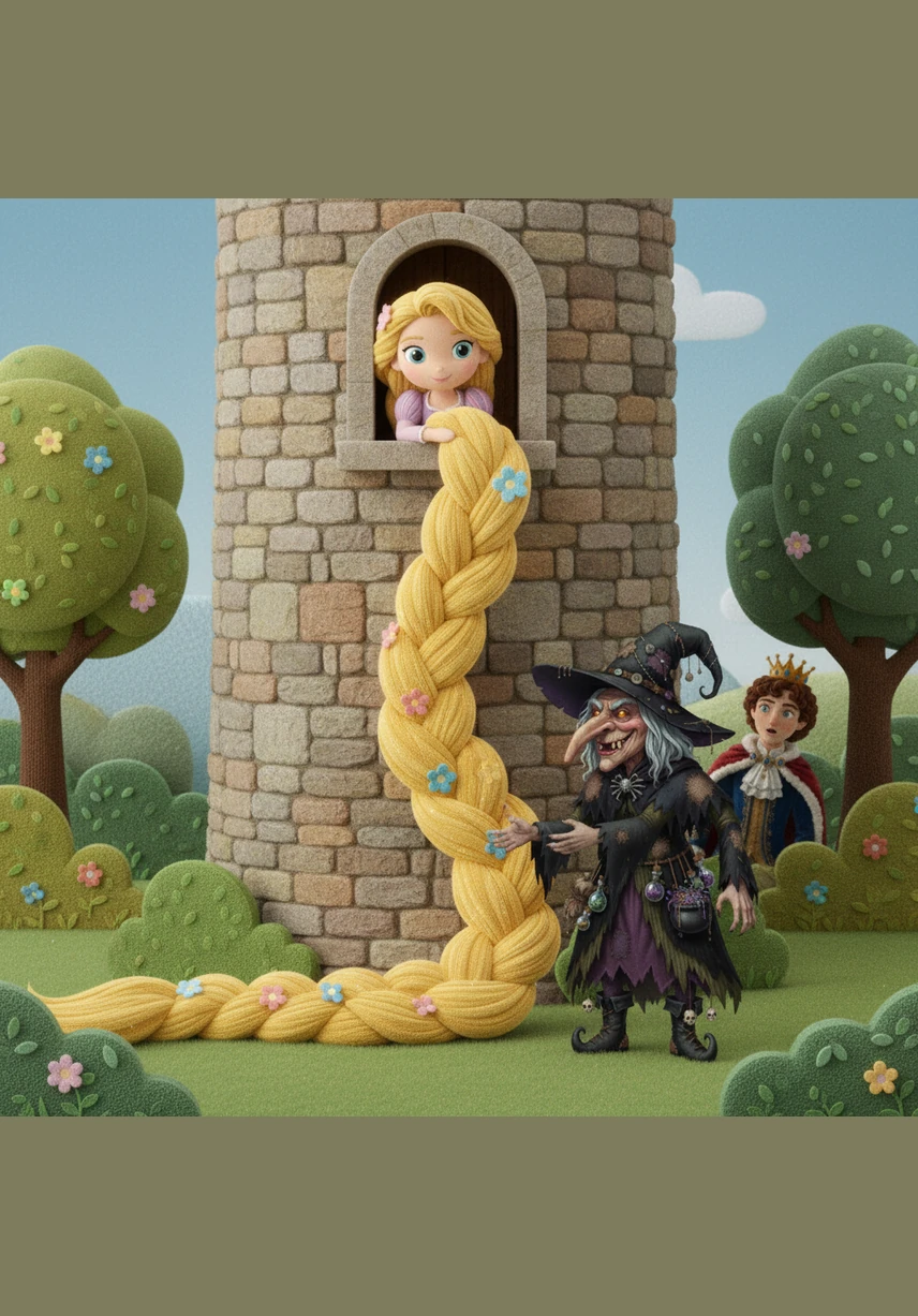 Шли годы, и волосы Рапунцель стали невероятно длинными, сияющими как чистое золото. Каждый день колдунья звала её снизу, и девушка послушно сбрасывала свои тяжелые косы, чтобы та могла подняться наверх.