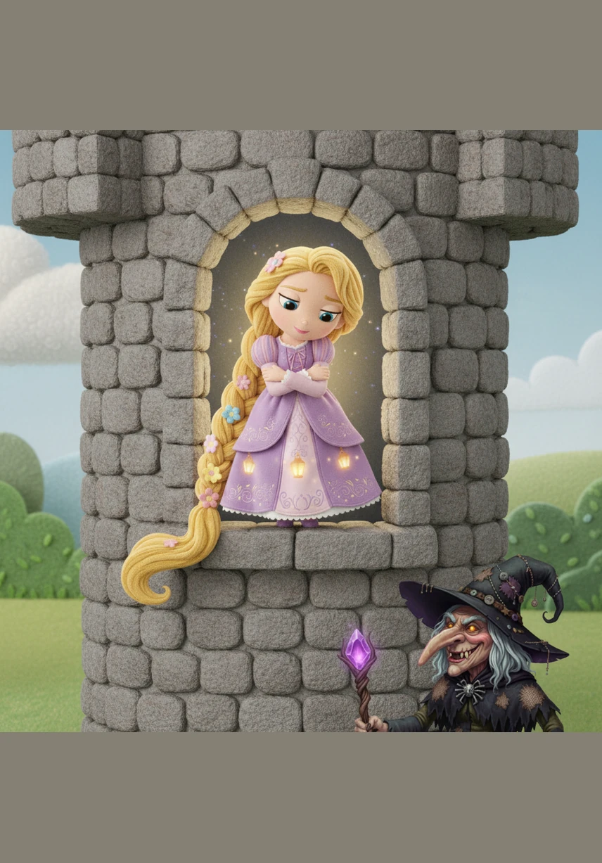 Одинокая Рапунцель часто пела у окна, и её чистый, нежный голос разносился по всему лесу. Она мечтала о свободе и гадала, какой удивительный мир ждёт её за пределами этих холодных стен.