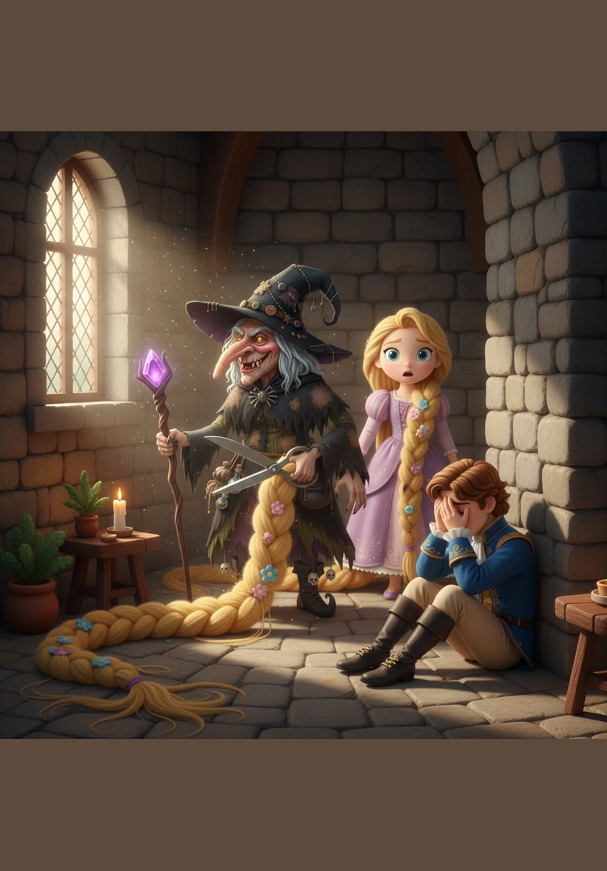 Однажды прекрасный принц проезжал мимо и был очарован чудесной песней, доносившейся с высоты. Спрятавшись за густыми деревьями, он увидел, как колдунья поднимается по золотым волосам в башню.