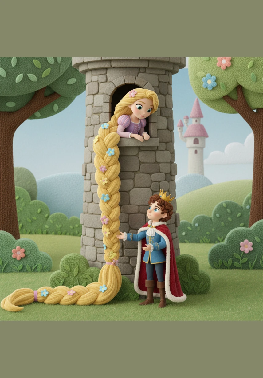 Когда колдунья ушла, принц подошел к подножию башни и повторил её заветные слова. Рапунцель спустила свои косы, и вскоре они встретились, пораженные красотой и добротой друг друга.