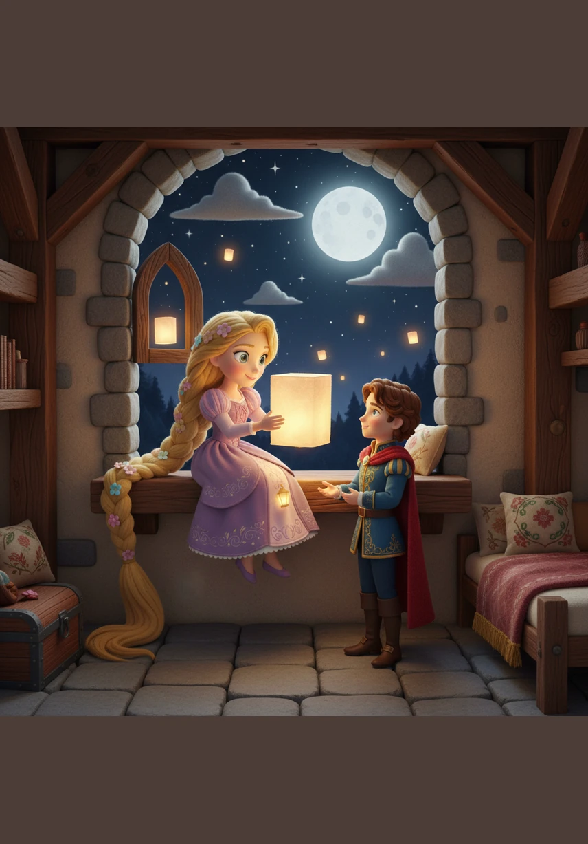 Принц стал навещать Рапунцель каждый день, принося ей радость, смех и надежду на спасение. Они полюбили друг друга всем сердцем и начали планировать тайный побег из заточения.