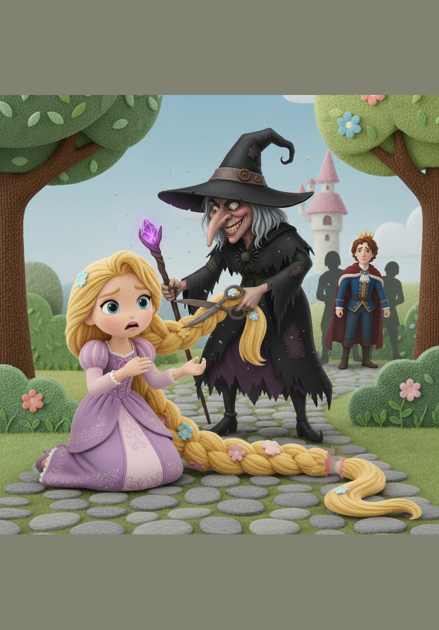 Узнав о приходах принца, разгневанная колдунья в ярости отрезала прекрасные золотые волосы девушки. Она изгнала бедную Рапунцель в далекую пустыню, надеясь, что та никогда не вернется.