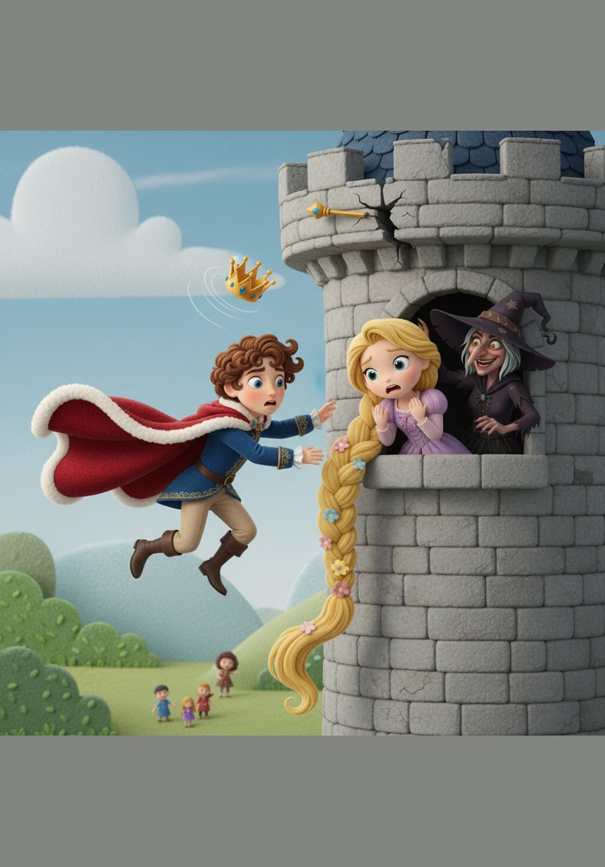 Принц, пришедший к башне, встретил там лишь злую ведьму и в отчаянии упал вниз, потеряв зрение. Он долго скитался по свету, ведомый лишь любовью и памятью о голосе своей возлюбленной.