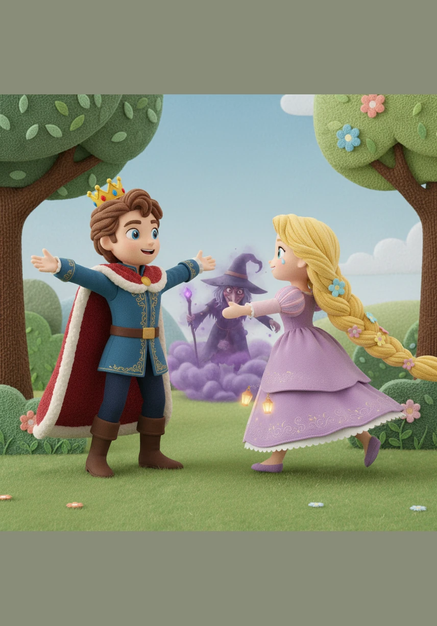 Спустя долгое время принц услышал знакомое пение в пустыне и нашел свою Рапунцель. Её слезы радости упали на его глаза, совершив чудо — он снова стал видеть, и они вместе вернулись в королевство, чтобы жить долго и счастливо.