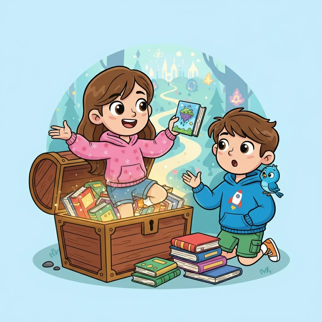 Lila e Leo encontraram um grande baú cheio de livros diferentes. Lila sentiu uma alegria enorme ao descobrir que existiam muitos mundos esperando para serem explorados. Ela sabia que a leitura era para todos.