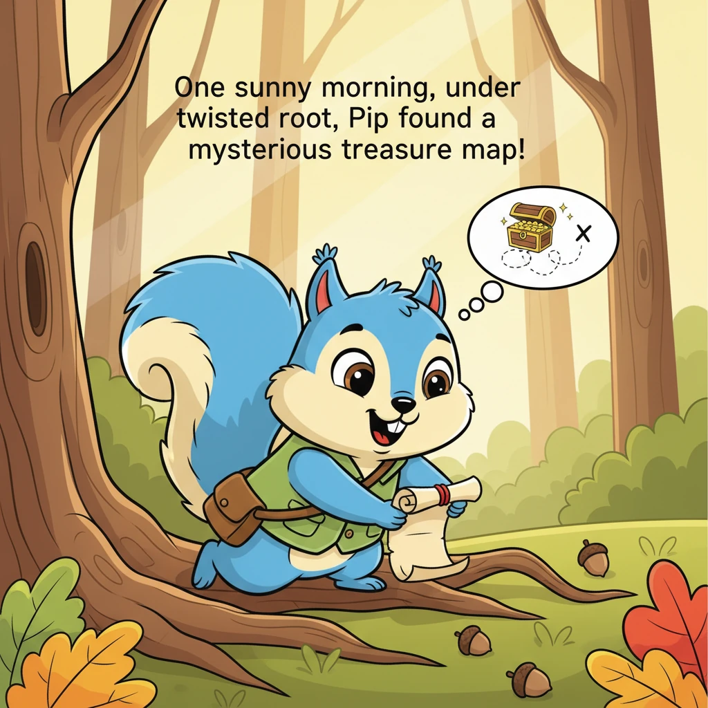 One sunny morning, Pip the squirrel was busily scampering through the Whispering Woods, searching for the perfect acorn. Suddenly, under the twisted r