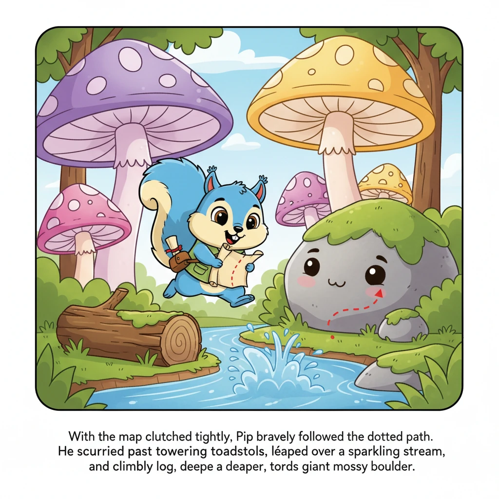 With the map clutched tightly in his tiny paws, Pip bravely followed the dotted path, his heart thumping with adventure. He scurried past towering, co