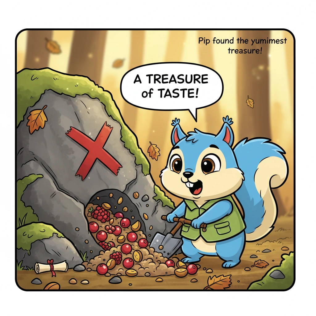 Finally, Pip reached the enormous mossy boulder, exactly where the 'X' marked the spot! Digging with all his might, he tossed aside pebbles and leaves