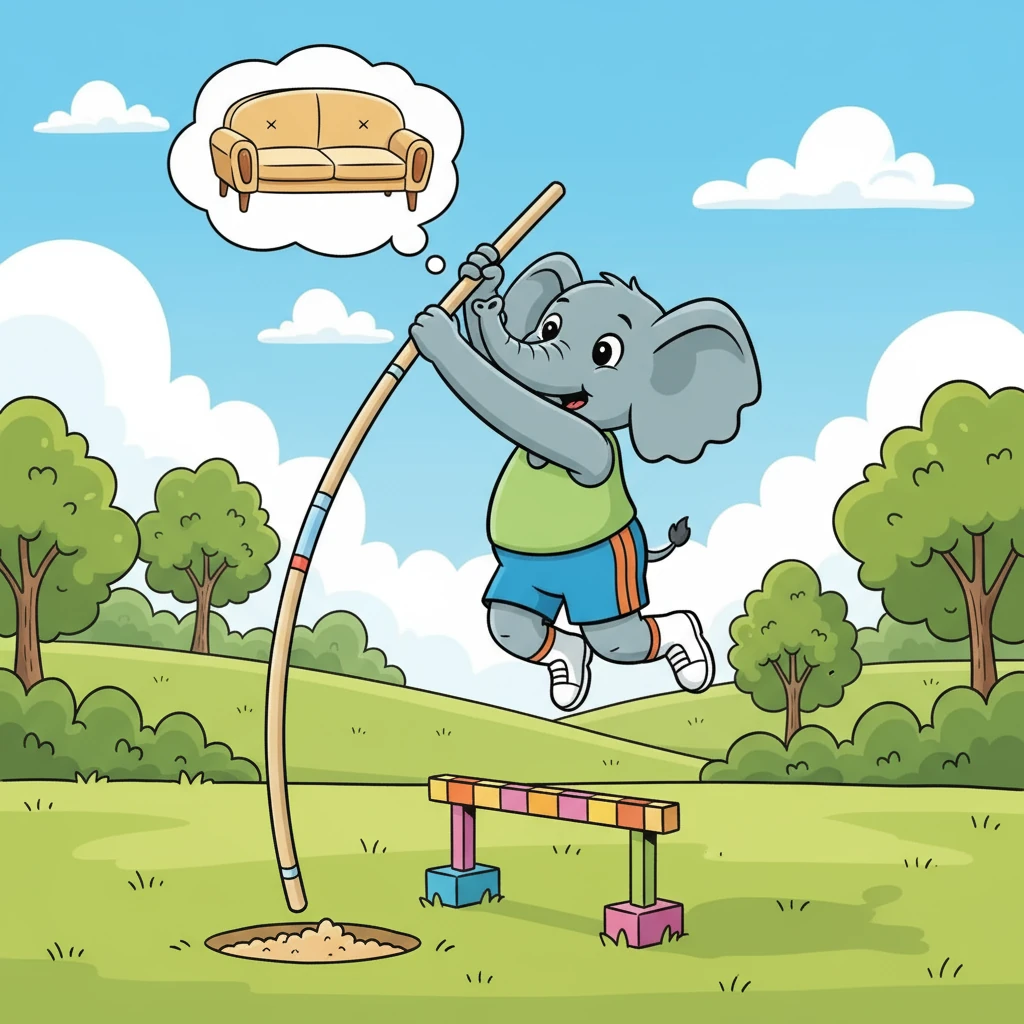 Ella, a kind and adventurous elephant, loved to pole vault. She'd run, plant her pole, and soar through the air, always aiming higher. One sunny afternoon, mid-vault, she realized the curved shape of her pole could be the inspiration for a comfy sofa.