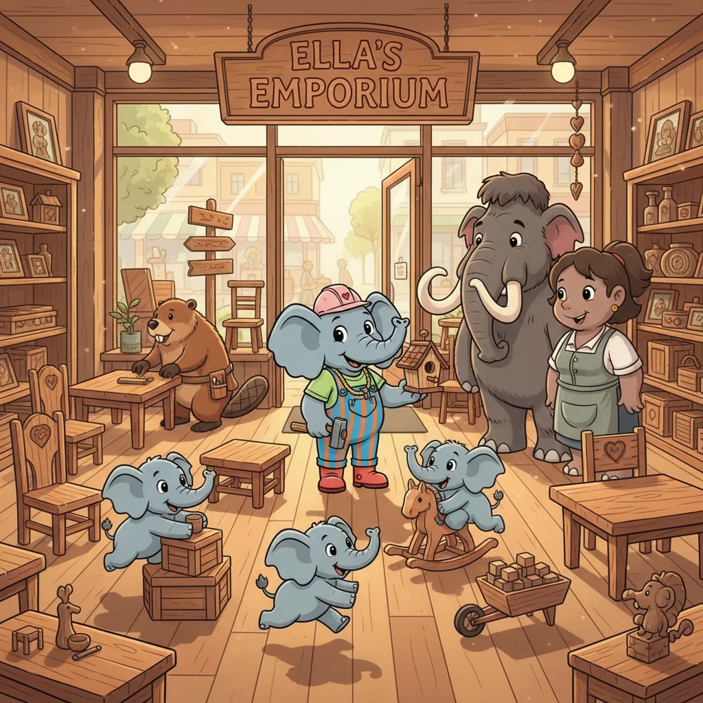 Ella's Emporium opened its doors, filled with Hank the beaver's beautifully crafted wooden furniture. Willie and Margaret, the married mammoths, helped manage the store, while their triplet children, Elly, Diana, and Tessa, kept things lively.