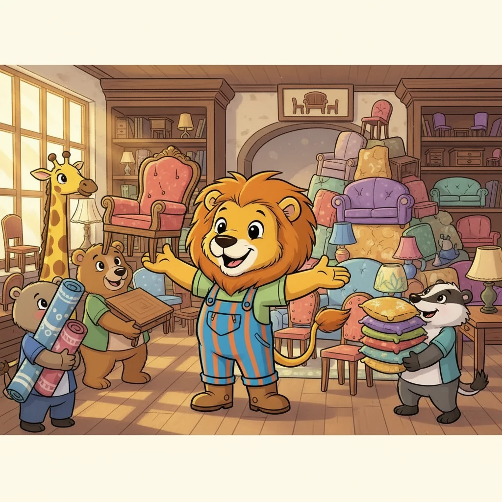Lyee the lion, with his booming voice and irresistible charm, was the star salesperson. "Pleeeeease!" he'd plead, convincing everyone to buy armfuls of furniture. His persuasive skills made the emporium a roaring success.