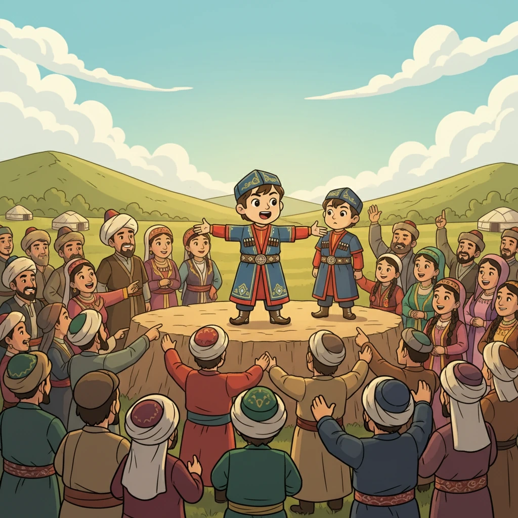 Алыскы талаада, күн нуруна жуулуп, Нүзүп бий Шераалыны хан кылып шайлоо үчүн чогулган элге кайрылып жатты. Анын үнү күчтүү жана ишенимдүү, элдин жүрөгүн козгоп жатты. Адамдар бири-бирине жакшы тилектерин айтып, кубанычтуу эле.