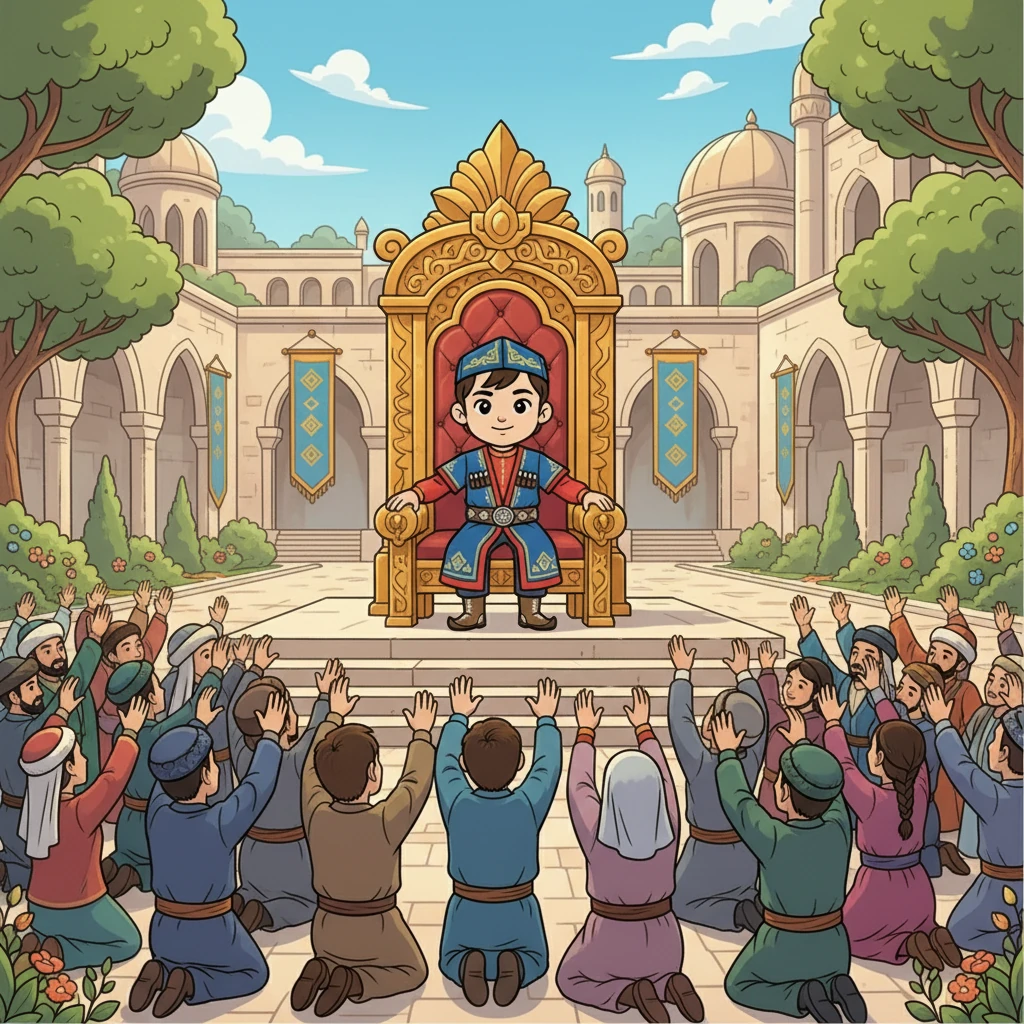 Көтөрүлгөн колдор, тизелешкен эл алдында Шераалы тактыга отурду. Ал жаш болсо да, жүзүнөн терең акылмандык нурланып турду. Эл анын адилеттүүлүгүнө жана эрдигине ишенди.