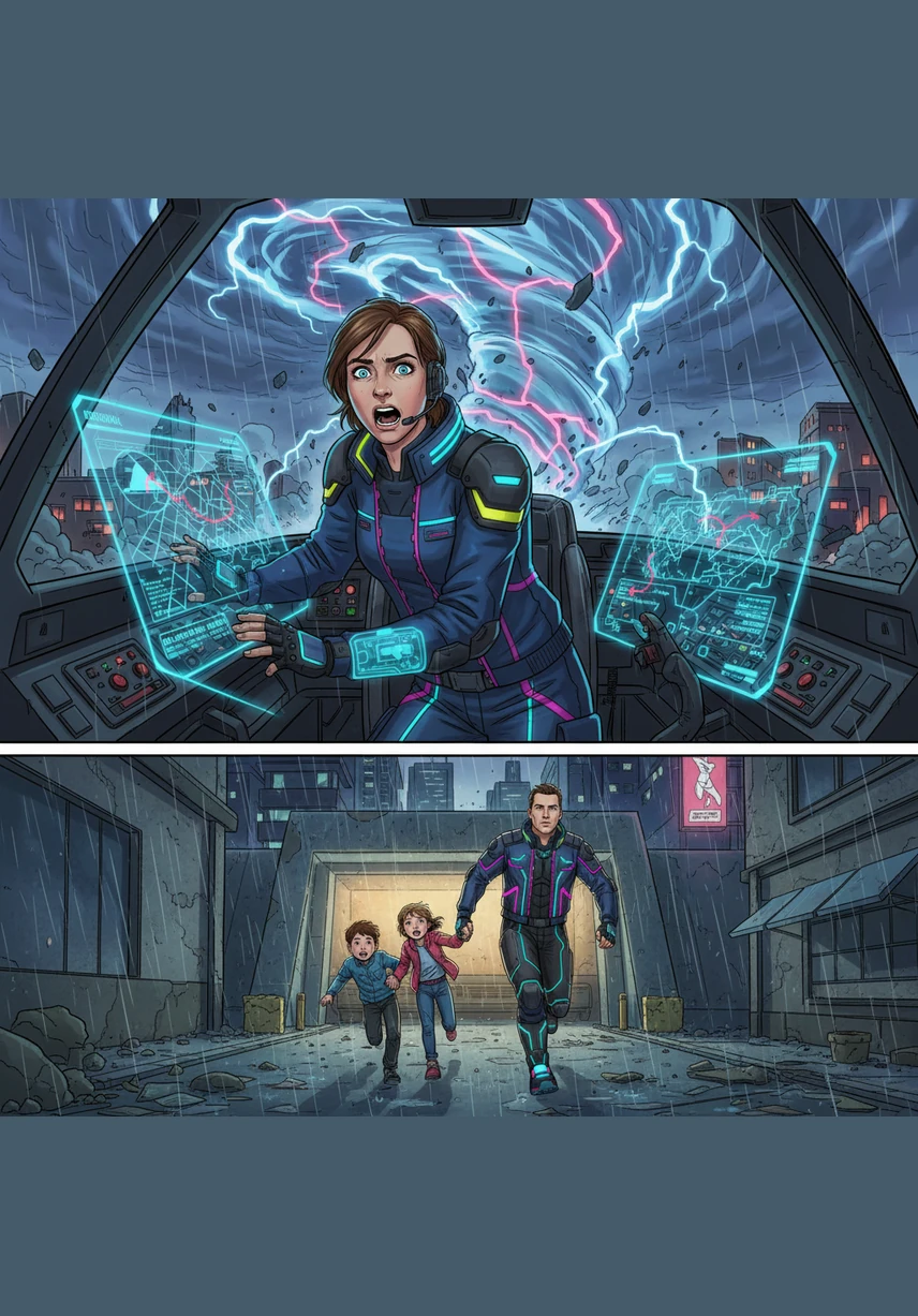 Melanie makes a critical discovery that the largest tornado is shifting course toward the town center. She broadcasts a final, urgent warning, allowing the last few residents to find cover just before the vortex hits. Her heart pounds as she thinks of her family, hoping her husband has reached the children in time.