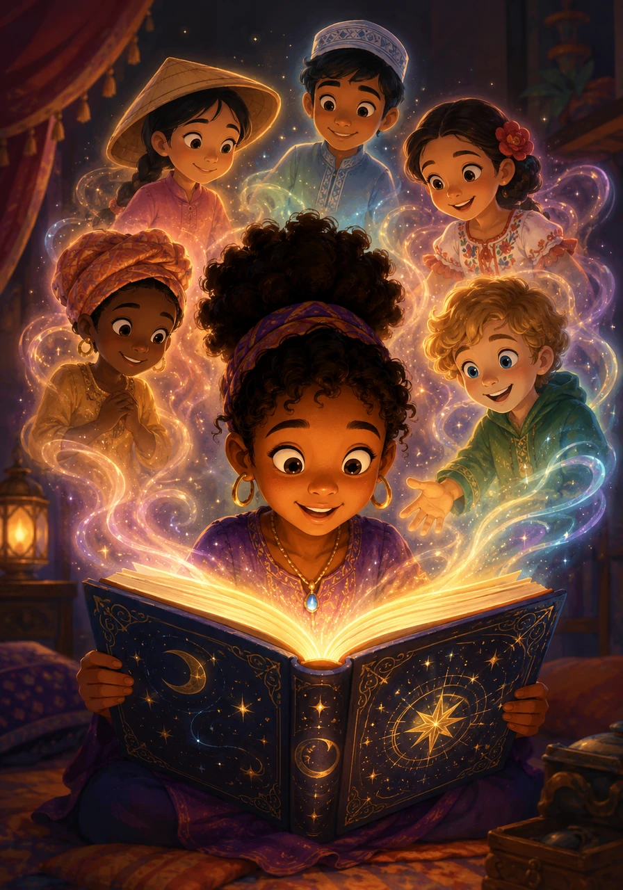 Nia opens a magical book from her grandma, its cover shining with stars and world symbols. The pages glow as they turn, introducing children from many different countries.