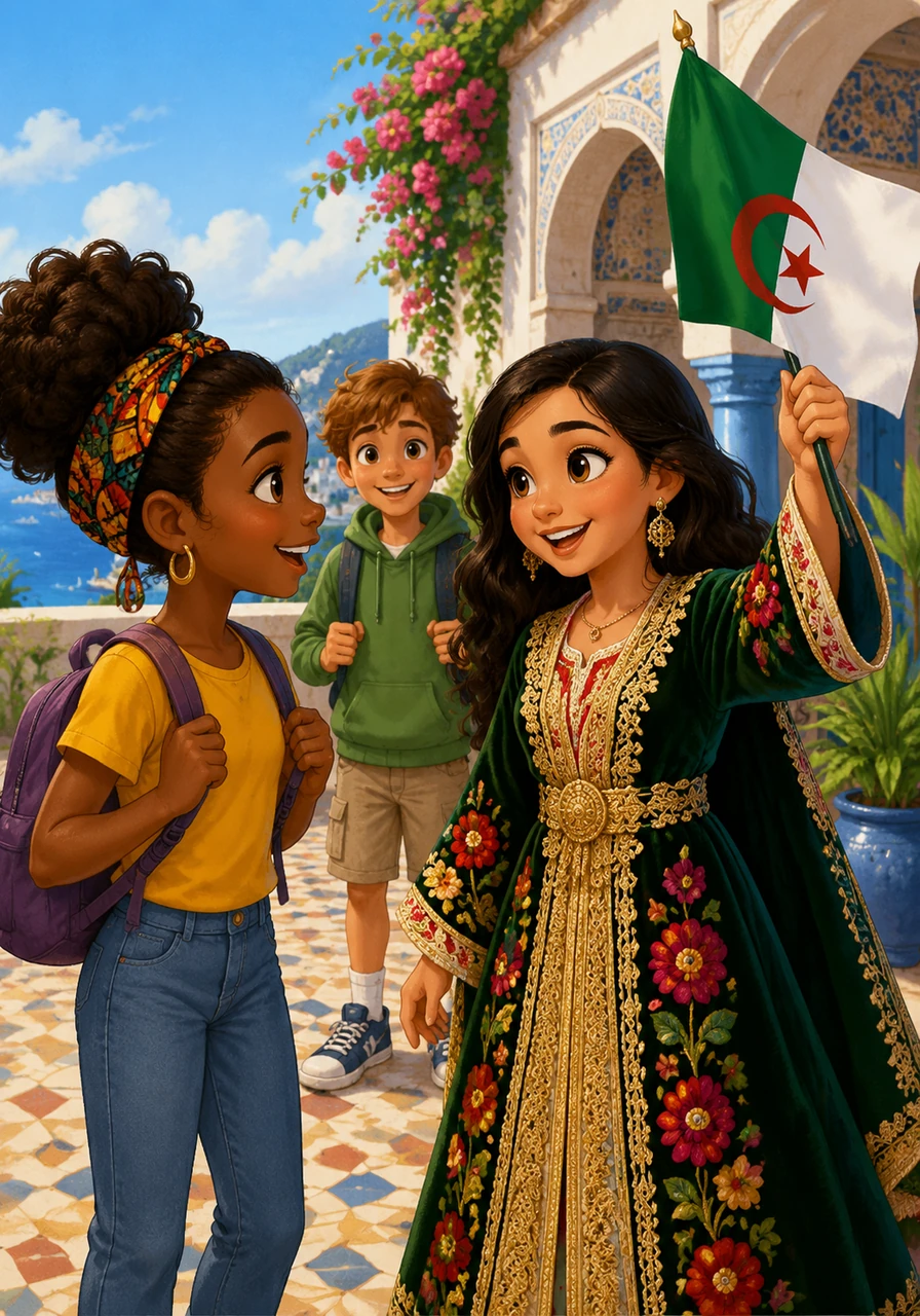 First she meets Amina from Algeria, waving a green and white flag. Amina wears a vibrant embroidered dress called a Karakou and smiles warmly.
