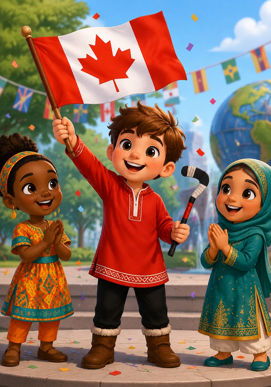 Next is Liam from Canada, proudly waving a red maple leaf flag. Liam wears a bright red tunic and holds a miniature hockey stick.