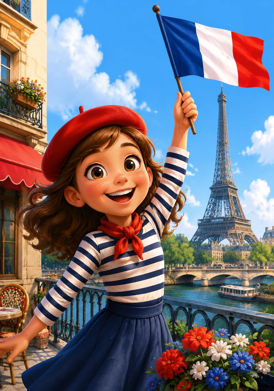 On the sunny page for France, Chloe waves the blue, white, and red tricolor flag. She wears a striped shirt and a jaunty red beret, holding a small flag.