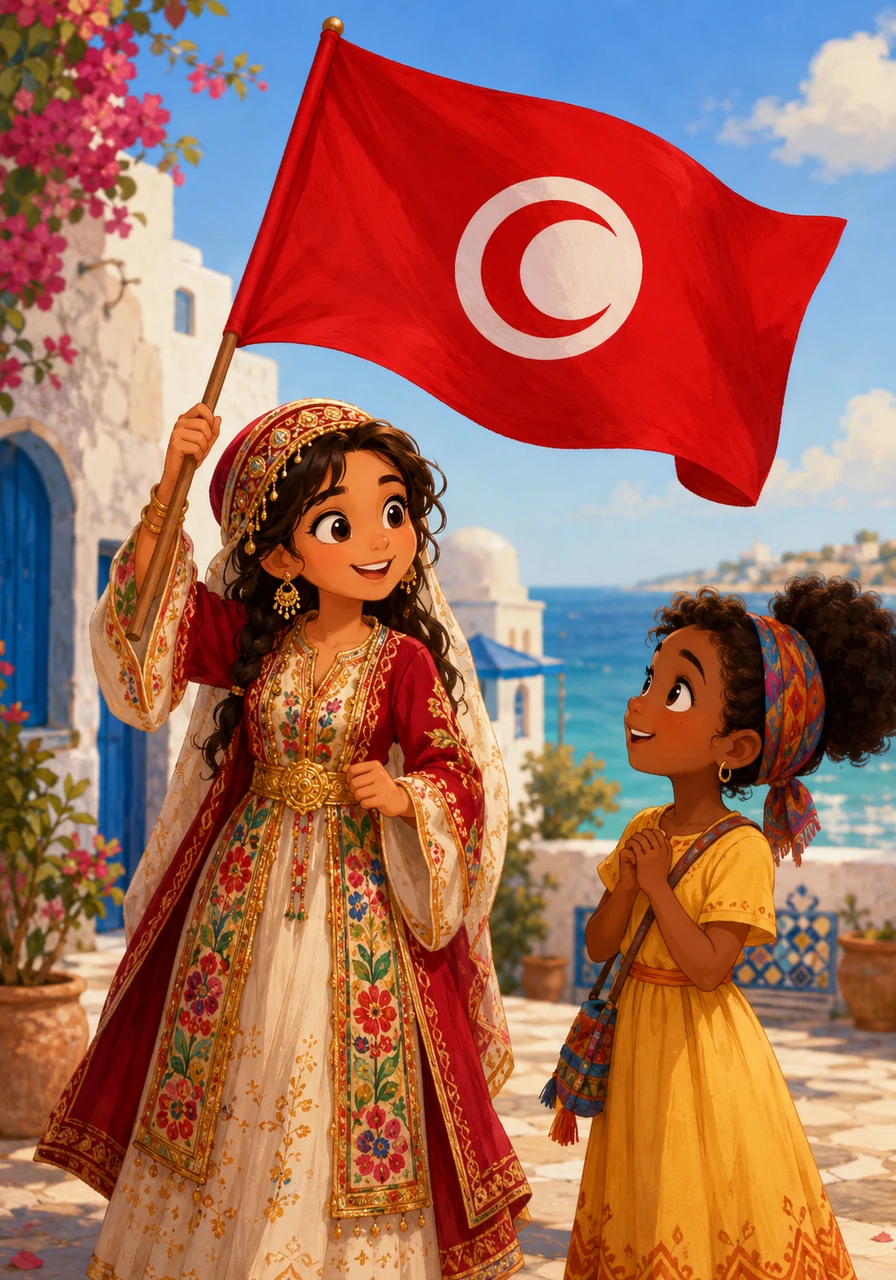 Nia then sees Fatima from Tunisia, who waves a red flag with a white circle and crescent. Fatima wears a beautifully decorated traditional dress called a Melia.