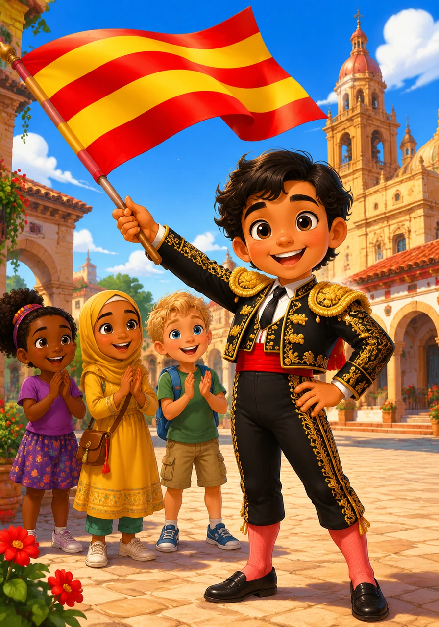 In sunny Spain, Mateo waves the yellow and red striped flag. He wears a traditional matador outfit and smiles, striking a proud pose.