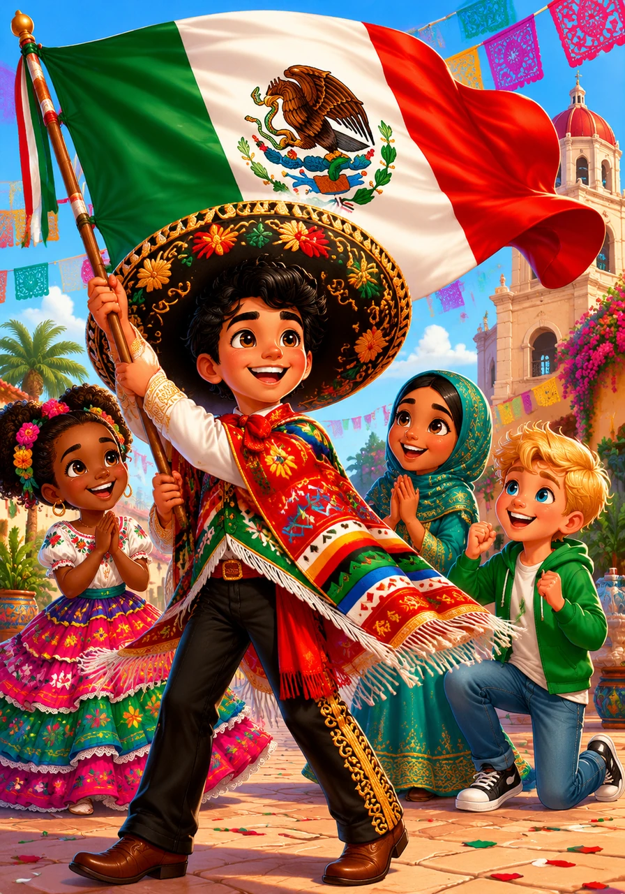Alejandro from Mexico waves the green, white, and red flag with an eagle. He wears a massive sombrero and a colorful poncho, ready for a dance.