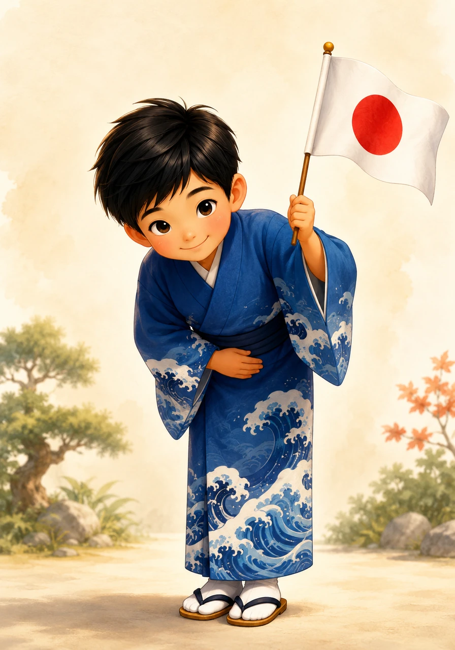 Next is Kenji from Japan, waving the simple red circle on a white background flag. He wears a blue kimono with waves printed on it and bows politely.