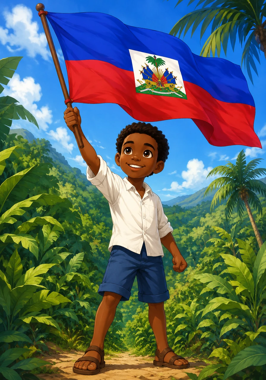 Haiti's vibrant blue and red flag is waved by Toussaint. He wears a white shirt and blue shorts, holding the flag high in front of lush green foliage.
