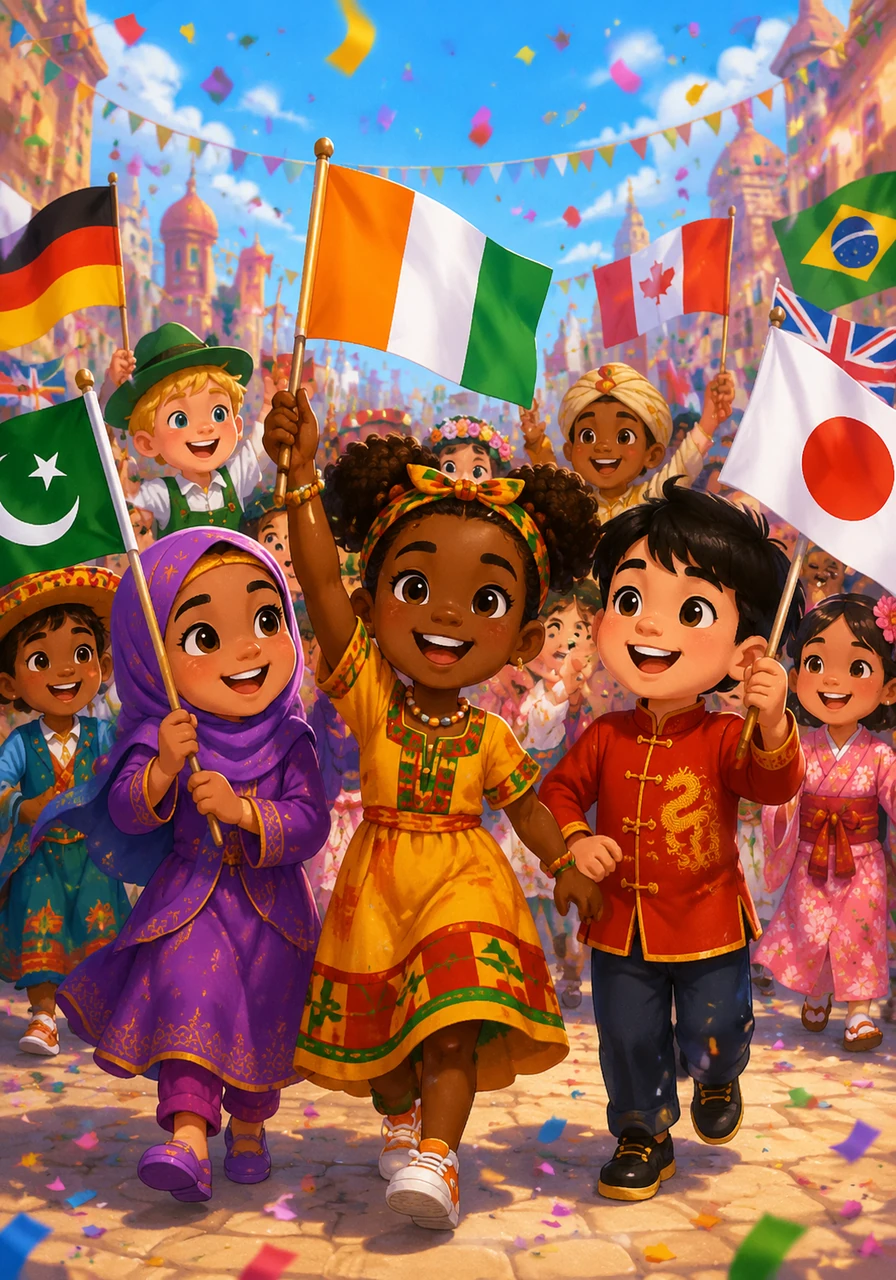ly, Nia joins all her new friends in a big parade. They wave their flags and laugh, marching together in a wonderful celebration of friendship from all around the world.