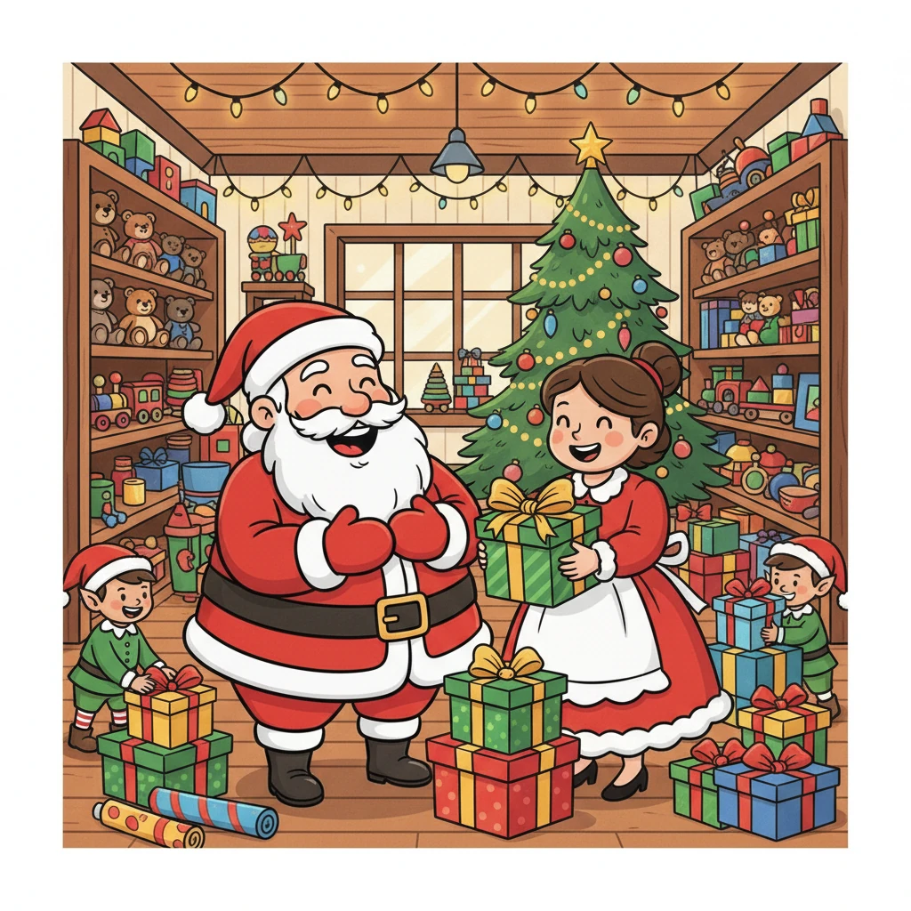 It was Christmas Eve in Santa's Toy Shop! Santa and Mrs. Claus were busy wrapping presents, their cheeks rosy from the cold. The workshop was filled with the sweet scent of pine and the cheerful sound of wrapping paper. Santa rubbed his hands together, excited for the big night ahead.