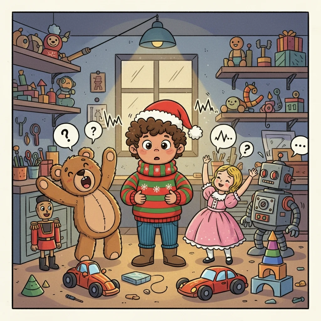 Suddenly, the workshop went quiet, and the toys began to stir. A teddy bear yawned, a doll stretched, and a robot whirred to life. Each toy started boasting about why they were the best gift, arguing over who would bring the most joy to a child on Christmas morning. The air buzzed with playful disagreement.
