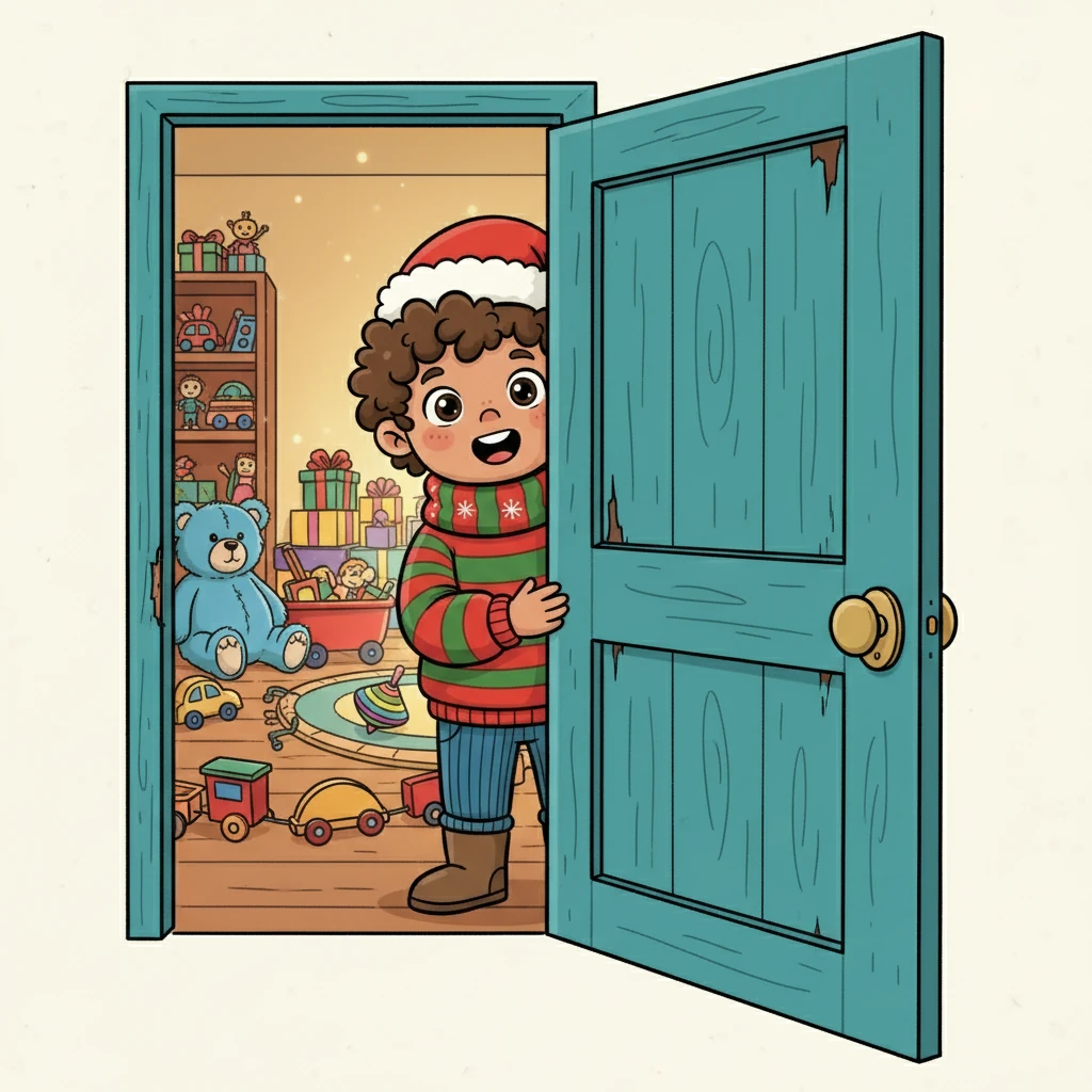 A small door creaked open, and a young boy named Harry peeked inside. His eyes widened at the sight of the toys, his worn clothes a stark contrast to the colorful scene. He gazed in wonder, admiring the toys he had never seen before.