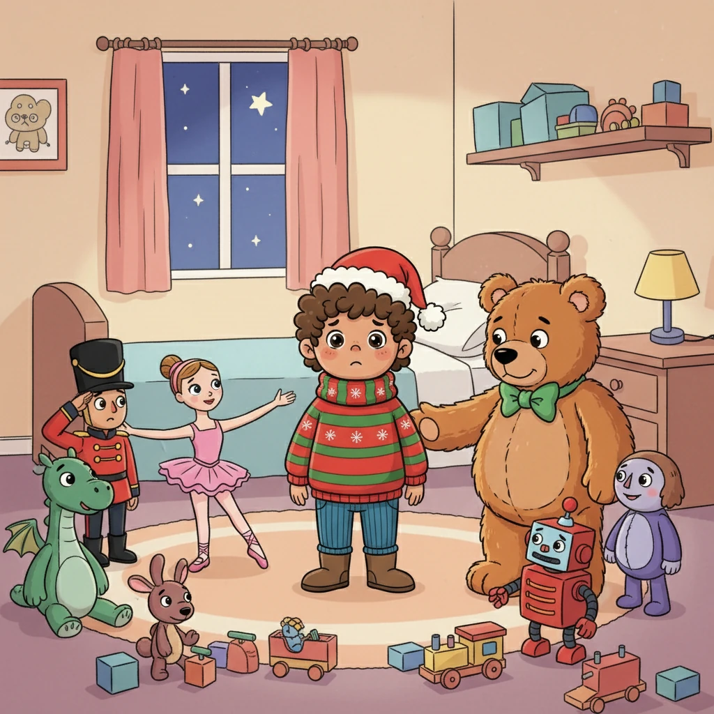 The toys paused their argument, noticing Harry's presence. Derek the Teddy Bear gently greeted Harry, and one by one, the toys came alive again. Harry confessed he had no toys of his own, which saddened the toys, who had never encountered a child without any toys.