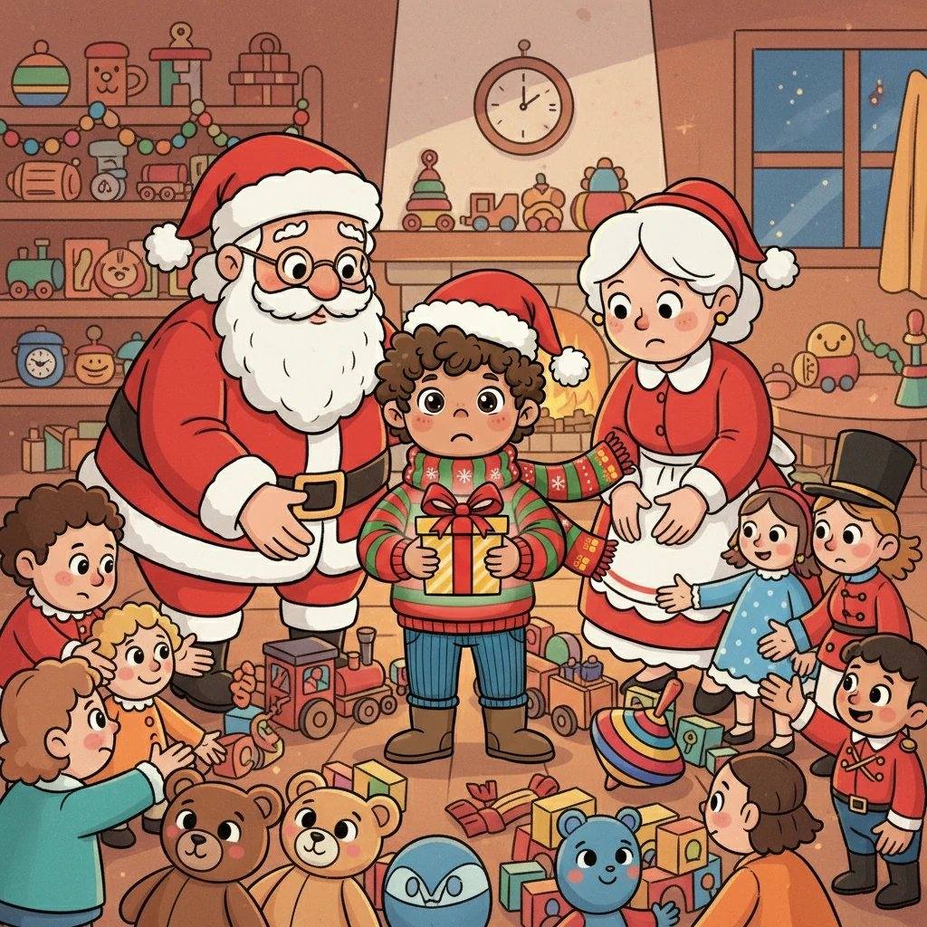 Santa and Mrs. Claus, hearing the commotion, came to see what was happening. They learned of Harry's situation, and Santa declared that they must give him something very special. The toys, understanding the true spirit of Christmas, offered themselves to Harry with open hearts.