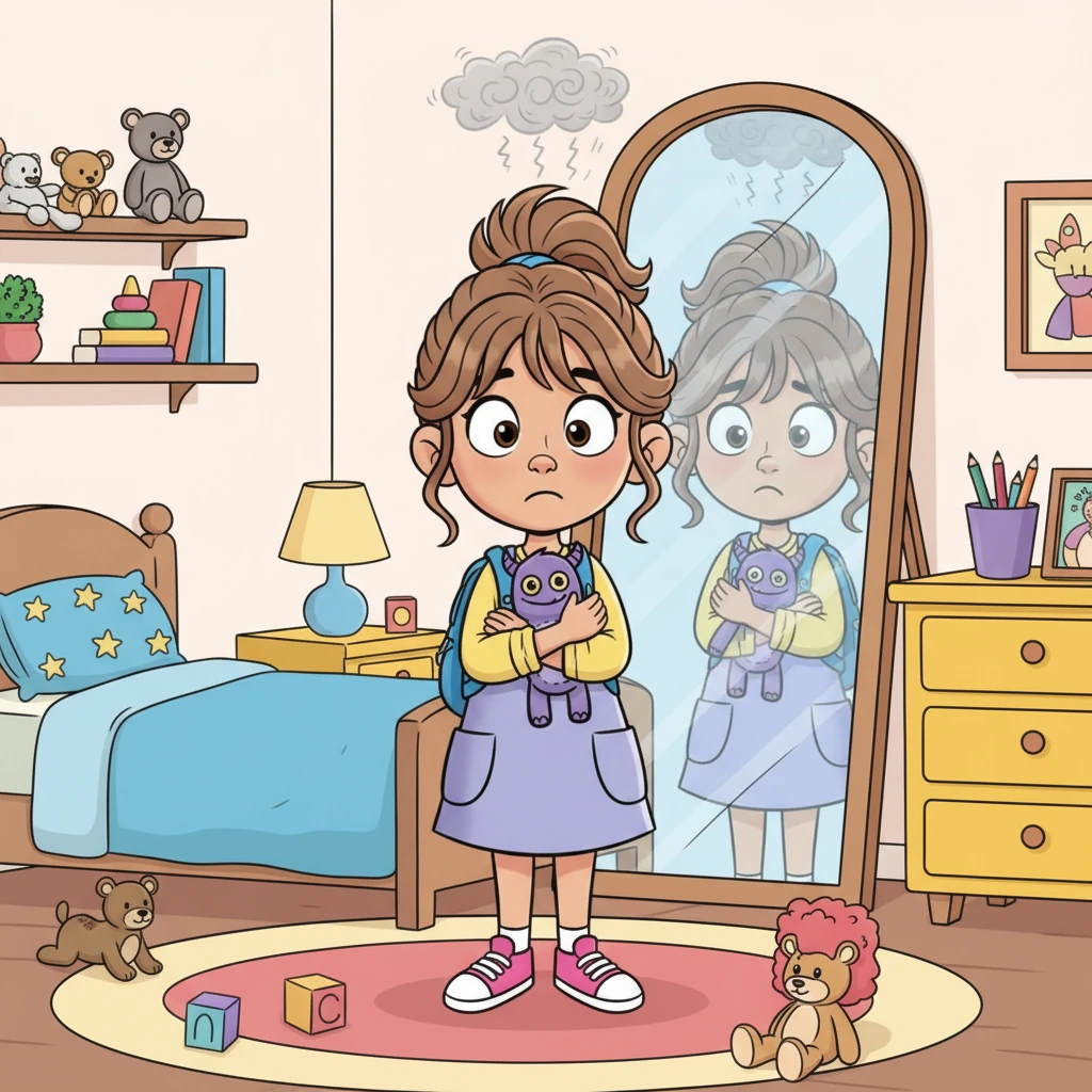 Maya stands in front of her mirror, backpack slung low, a tiny worry cloud hovering over her head. Her eyes are big and a little wobbly, and she clutches a small, fluffy toy tightly. The vibrant colors of her room feel a bit too bright for her nervous tummy.